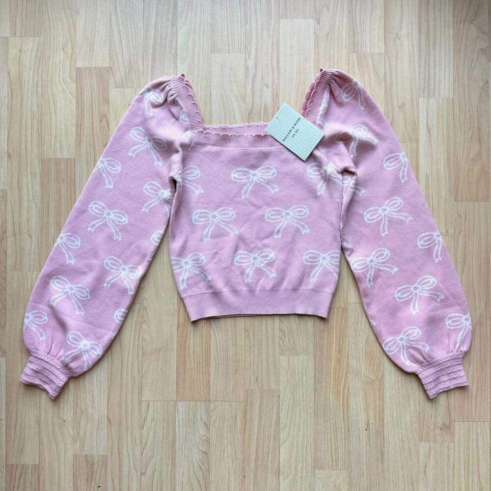 Pink and White Bow Print Square Neck Long Sleeve Knit Crop Sweater